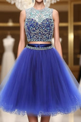 Blue two pieces tulle sequin beads short Evening Prom Dress, blue homecoming