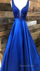 Blue v neck beads satin long Evening Prom Dress, blue evening Dress