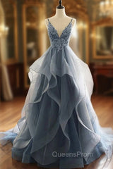 Blue V-neck Lace Appliques Tulle Spaghetti Straps Evening Prom Dress