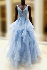 Blue V-Neck Lace Long Evening Prom Dress, Blue Tulle Layers Evening Dress