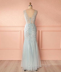 Blue V Neck Lace Tulle Long Evening Prom Dress, Blue Lace Evening Dress For Teens