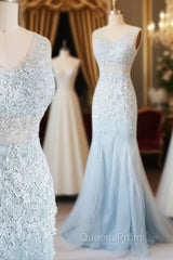 Blue V Neck Lace Tulle Long Evening Prom Dress, Blue Lace Evening Dress For Teens