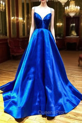Blue V-Neck Satin Long Evening Dress, A-Line Backless Evening Prom Dress