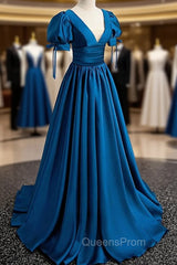 Blue V-Neck Satin Long Evening Prom Dress, A-Line Short Sleeve Evening Dress