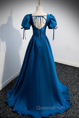 Blue V-Neck Satin Long Evening Prom Dress, A-Line Short Sleeve Evening Dress