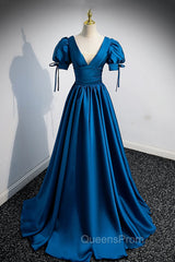 Blue V-Neck Satin Long Evening Prom Dress, A-Line Short Sleeve Evening Dress
