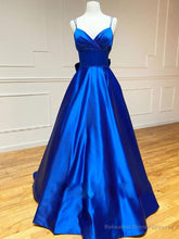 Blue v neck satin long prom dress, blue evening dress