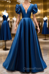 Blue v neck satin long Evening Prom Dress blue satin evening Dress