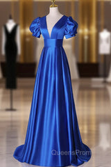 Blue V-Neck Satin Long Evening Prom Dress, Simple Blue Evening Party Dress