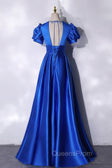 Blue V-Neck Satin Long Evening Prom Dress, Simple Blue Evening Party Dress