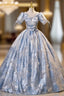 Blue V-neck Short Sleeve Belt Quinceanera Dress
