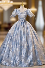 Blue V-neck Short Sleeve Belt Quinceanera Dress