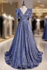 Blue V-neck Starry Gradient Cloth Short Sleeve Evening Prom Dress