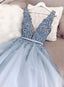 Blue V Neck Tulle Beads Long Classy Prom Dress, Classy Evening Dress