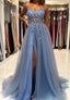 Blue V-Neck Tulle Beading Long Classy Prom Dress, Blue Graduation Dress
