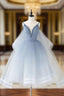 Blue V Neck Tulle Beads Short Evening Prom Dress, Blue Tulle Evening Dress
