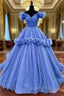 Blue V-neck Tulle Evening Dress with Flowers, Blue Evening Dress Sweet 16 Dress