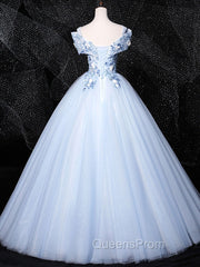 Blue V Neck Tulle Lace Long Evening Prom Dress. Blue Sweet 16 Dress