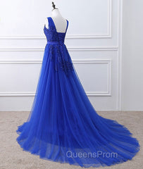 Blue V Neck Tulle Lace Long Evening Prom Dress, Blue Evening Dress