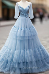 Blue V-Neck Tulle Long Evening Prom Dress, A-Line Evening Party Dress
