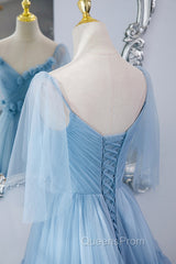 Blue V-Neck Tulle Long Evening Prom Dress, A-Line Evening Party Dress