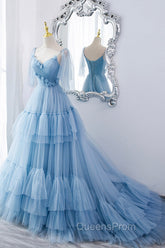 Blue V-Neck Tulle Long Evening Prom Dress, A-Line Evening Party Dress