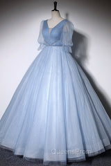 Blue V-Neck Tulle Long Evening Prom Dress, A-Line Evening Dress