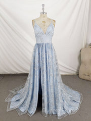 Blue V Neck Tulle Sequin Long Evening Prom Dress, Blue Aline Evening Graduation Dress