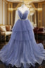 Blue V Neck Tulle Sequin Long Evening Prom Dress, Blue Tulle Evening Dress