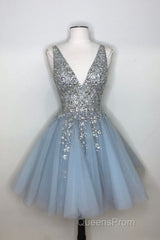 Blue v neck tulle sequin short Evening Prom Dress, blue homecoming Dress
