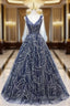 Blue V-neckline Lace Tulle Floor Length Party Dress, Blue Evening Prom Dress Evening Dress