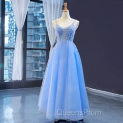 Blue V-neckline Tulle Beaded Long Straps Beaded Dress, Blue Fashionable Evening Dress Evening Prom Dress