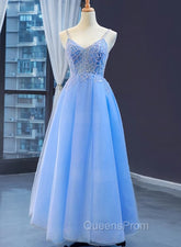 Blue V-neckline Tulle Beaded Long Straps Beaded Dress, Blue Fashionable Evening Dress Evening Prom Dress