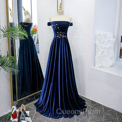 Blue Velvet Beaded Elegant Off Shoulder Evening Dress, Blue Long Evening Prom Dress Party Dress