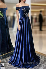 Blue Velvet Beaded Elegant Off Shoulder Evening Dress, Blue Long Evening Prom Dress Party Dress