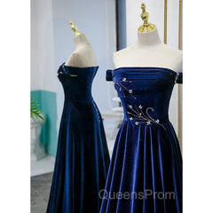 Blue Velvet Beaded Elegant Off Shoulder Evening Dress, Blue Long Evening Prom Dress Party Dress