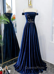 Blue Velvet Beaded Elegant Off Shoulder Evening Dress, Blue Long Evening Prom Dress Party Dress