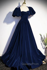 Blue Velvet Floor Length Evening Prom Dress, Elegant Short Sleeve Evening Party Dress