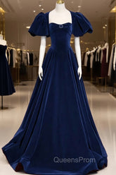Blue Velvet Floor Length Evening Prom Dress, Elegant Short Sleeve Evening Party Dress
