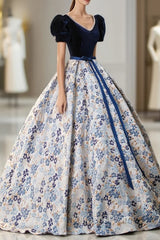 Blue Velvet Floor Length Evening Prom Dress with Short Sleeve, Blue V-Neck Evening Dress