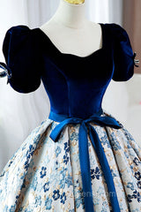 Blue Velvet Floral Long Ball Gown, A-Line Short Sleeve Evening Dress