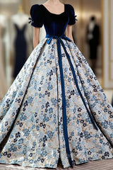 Blue Velvet Floral Long Ball Gown, A-Line Short Sleeve Evening Dress