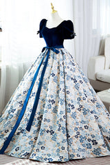 Blue Velvet Floral Long Ball Gown, A-Line Short Sleeve Evening Dress