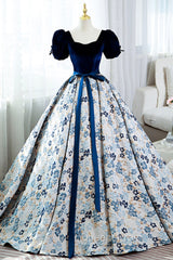 Blue Velvet Floral Long Ball Gown, A-Line Short Sleeve Evening Dress