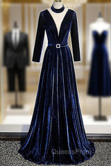 Blue Velvet Long Sleeves Floor Length Wedding Party Dress, Blue Evening Gown