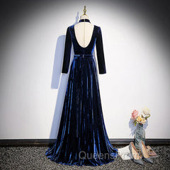 Blue Velvet Long Sleeves Floor Length Wedding Party Dress, Blue Evening Gown