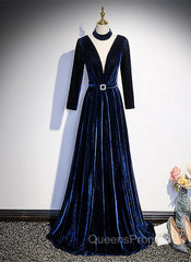 Blue Velvet Long Sleeves Floor Length Wedding Party Dress, Blue Evening Gown