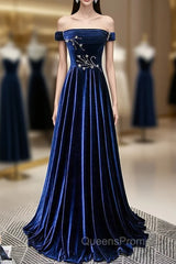 Blue Velvet Off the Shoulder Beading Pleats Evening Prom Dress