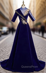 Blue Velvet Short Sleeve High Neck Appliques Evening Prom Dress