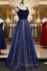 Blue Velvet Tulle Long A-Line Evening Prom Dress, Blue Spaghetti Straps Evening Dress